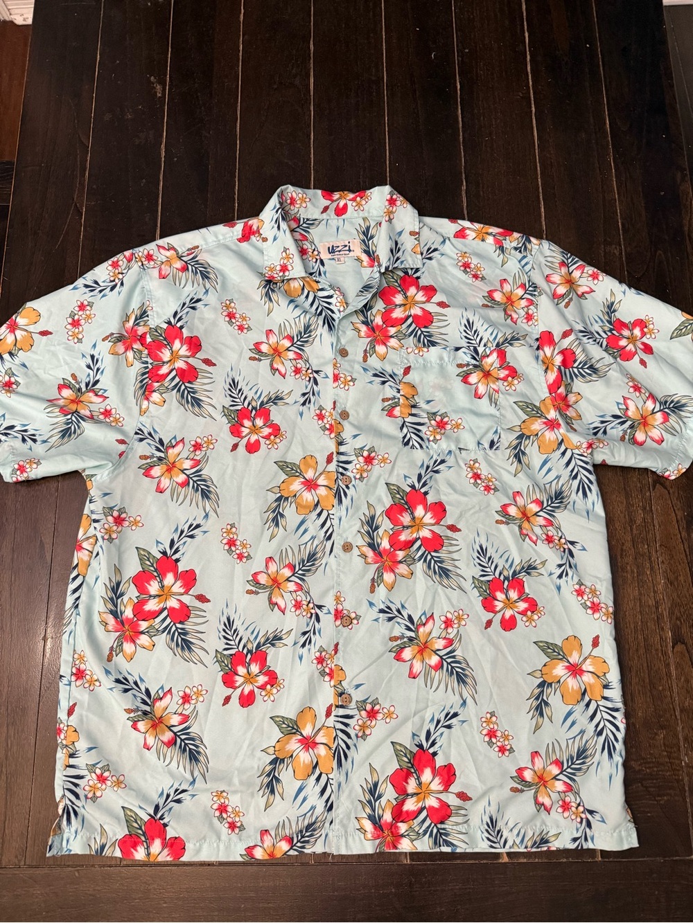 Men's Uzzi Light Blue Hawaiian Floral Camp Shirt - Red & Orange Flowers Size XL